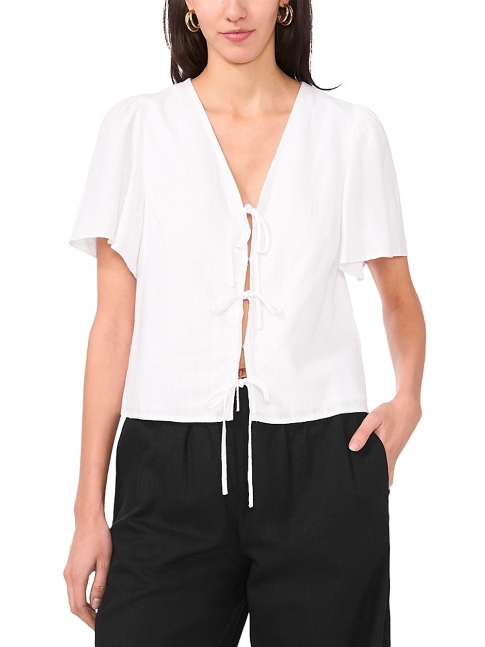 STATE White Tie-Front V-Neck Short Sleeve Blouse